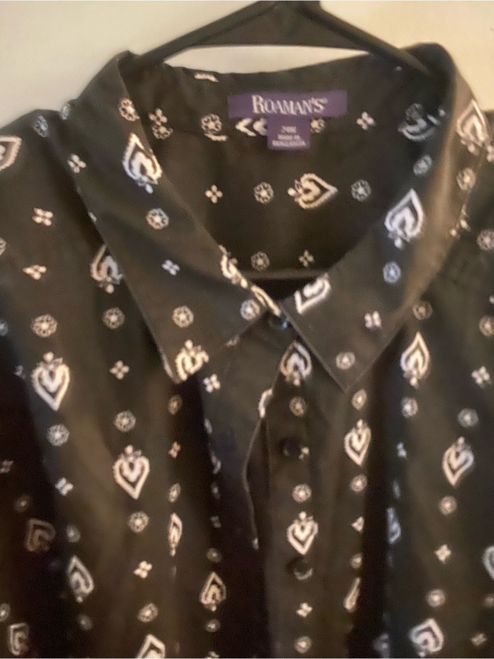Roaman's Black Button-Front Shirt with White Paisley Print